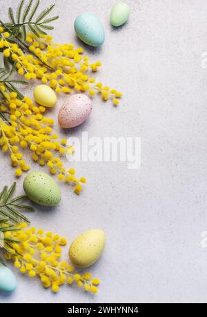 This image features a festive Easter arrangement of pastel-colored eggs and bright yellow mimosa flowers on a textured light grey surface. Stock Photo