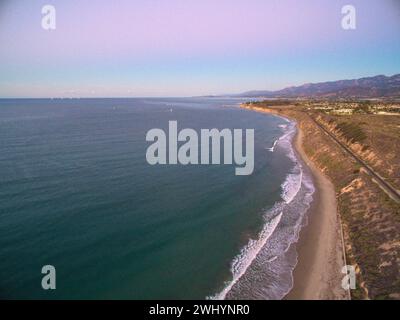 Aerial, Rincon Surf Spot, Southern California, Perfect Waves, Surfing, Sunset, Ocean View, Coastal Beauty, Surf Break Stock Photo