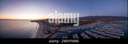 Aerial, Photo, Santa Barbara Harbor, Stearns Wharf, Downtown, Sunset, Brilliant, Purple, Blue, Coastal Cityscape, Aerial View, Waterfront, Pacific Stock Photo