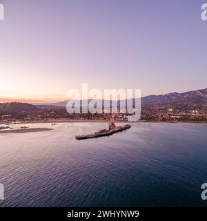 Aerial, Photo, Santa Barbara Harbor, Stearns Wharf, Downtown, Sunset, Brilliant, Purple, Blue, Coastal Cityscape, Aerial View, Waterfront, Pacific Stock Photo