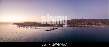 Aerial, Photo, Santa Barbara Harbor, Stearns Wharf, Downtown, Sunset, Brilliant, Purple, Blue, Coastal Cityscape, Aerial View, Waterfront, Pacific Stock Photo