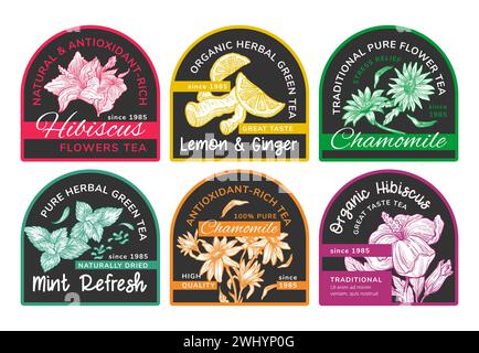 Sticker design set for herbal tea package promo Stock Vector