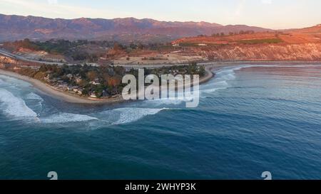 Aerial, Rincon Surf Spot, Southern California, Perfect Waves, Surfing, Sunset, Ocean View, Coastal Beauty, Surf Break Stock Photo