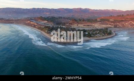 Aerial, Rincon Surf Spot, Southern California, Perfect Waves, Surfing, Sunset, Ocean View, Coastal Beauty, Surf Break Stock Photo