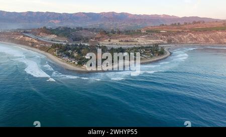 Aerial, Rincon Surf Spot, Southern California, Perfect Waves, Surfing, Sunset, Ocean View, Coastal Beauty, Surf Break Stock Photo