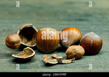Hazelnut food nuts Background, falling on wooden table Stock Photo