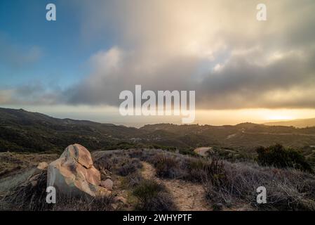 Whispy Fog, Sunset, Santa Barbara Mountains, Chaparral, Yucca, Landscape, Dreamy, Colors, Atmosphere, Foggy, Mountain Range, Ethereal, Scenic Stock Photo