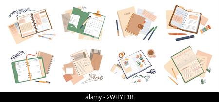Opened books. Organizer top view. Office stationery. Calendar schedule. Paper journal. Notebook with herbarium flowers and memo notepaper. Writing notes. Diary or planner on table. Vector objects set Stock Vector