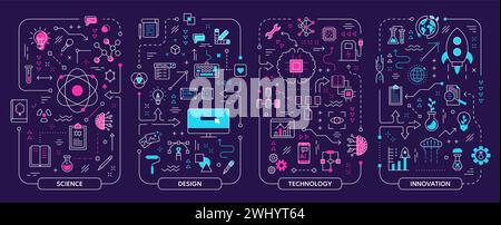Brainstorm icons. Innovate line art. People startup. Graphic brain or work business concept. Idea infographic. Science system. Knowledge development. Scientific analytics. Vector abstract elements set Stock Vector