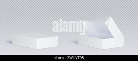 White closed and open cardboard box mockup top angle view. Realistic vector illustration set of blank carton package for delivery or gift concept. Rectangular low paper pack with cover mock up. Stock Vector