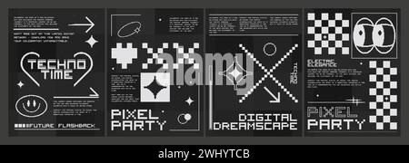 Trendy y2k design style poster layout with pixel art abstract elements and shapes of heart, smile face, arrow and cartoon eyes on black background. Vector set of 2000s aesthetic banner template. Stock Vector