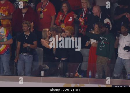 Taylor Swift and Ice Spice during NFL Super Bowl 58 LVIII football game between the San Francisco 49ers and the Kansas City Chiefs in Las Vegas NV on Feb 11, 2024 Charles Baus/CSM. Stock Photo