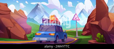 Car with luggage on roof driving along winding road in mountains. Cartoon vector back view of vehicle with baggage riding highway surrounded by rocks, hills and green grass on sunny summer day. Stock Vector