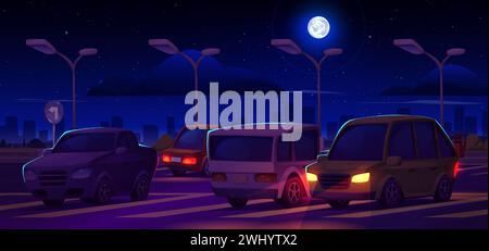 Cars parked in public city parking lot at night. Cartoon vector dark dusk landscape with vehicles stand on asphalt road with signs and zone layout under moon light with town skyscrapers on background. Stock Vector