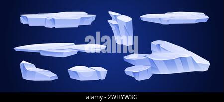 Set of ice floes isolated on background. Vector cartoon illustration of abstract shape frozen iceberg pieces for snowy winter landscape design, north pole game platforms, arctic island elements Stock Vector