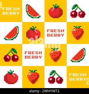 Summer and spring harvest, pixel signs for playing interface motif. Pixelated fresh fruits, watermelons and tomatoes, cherries on stem and strawberrie Stock Vector