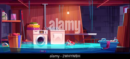 Flooded house basement room with damaged laundry equipment, boxes and hamper with clothes. Cartoon vector illustration of full of leaked water storehouse interior with washing and dryer machine. Stock Vector