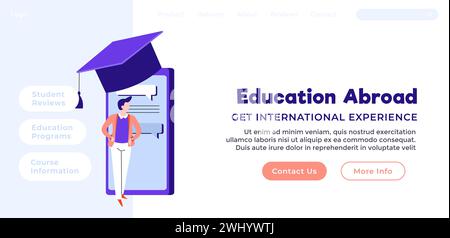 Education abroad, get international experience and find job. Studying on foreign courses, getting certification and knowledge. Website landing page te Stock Vector