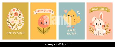 Cute Easter cards set. Spring collection of animals, flowers and decorations. For poster, card, scrapbooking , stickers Stock Vector