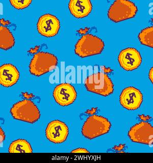 Sack with treasures and gold dollar coin. Pixelated arcade or tournament interface elements. Pixel art, 8 bit retro graphics. Wallpaper or background Stock Vector