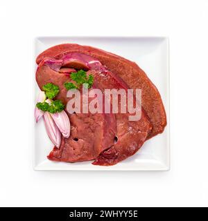 Fresh raw veal liver slices isolated, top view Stock Photo