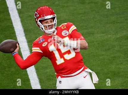 Kansas City Chiefs quarterback, Patrick Mahomes warms up ahead of Super Bowl LVIII, Allegiant Stadium, Las Vegas, Nevada, USA. Picture date: Sunday February 11, 2024. Stock Photo