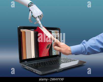 Open laptop with books on screen, human and robot hands touching the book, isolated on a delicate blue gradient background. Concept of deep learning a Stock Photo
