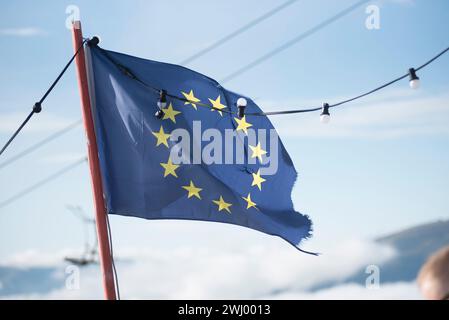 European Union flag, blue flag with yellow stars Stock Photo
