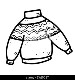 Doodle Christmas knitted holiday sweater with ornament. Hand-drawn woolen pullover isolated on white background. Outline Happy New Year, Merry Christm Stock Vector