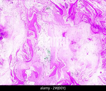 Marble abstract background. Pink and white color. Fuchsia. Different shades of pink, sometimes purple. Chaotic uneven spots. Dots, waves, blur. Stock Photo