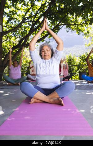 Focused biracial senior woman practising yoga with friends in sunny garden, copy space Stock Photo