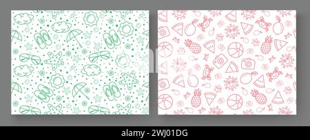 Summer seamless pattern vector poster set. Summer time doodle elements and hand drawn objects for tropical season endless collection design. Vector Stock Vector