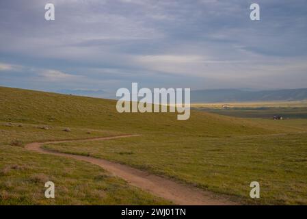 Dirt Paths, Vivid Sunset, Grassy Hills, Rolling Hills, Antelope Valley, California, Nature, Landscape, Sunset Glow Stock Photo