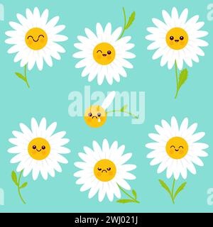 Daisy flower characters. Cute chamomile flowers. White daisy chamomile icon. Stock Photo