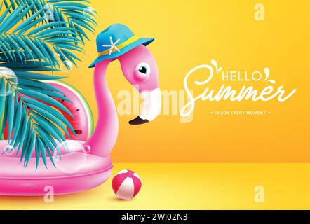 Summer hello greeting vector design. Hello summer text with pink flamingo and watermelon floaters beach elements in yellow background. Vector Stock Vector