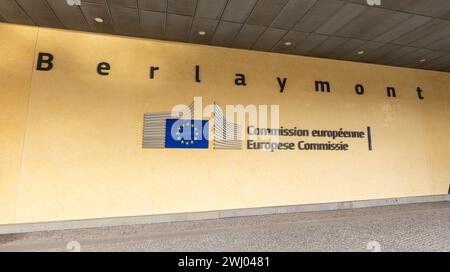 The EU Commission building entrance with name and logo Stock Photo