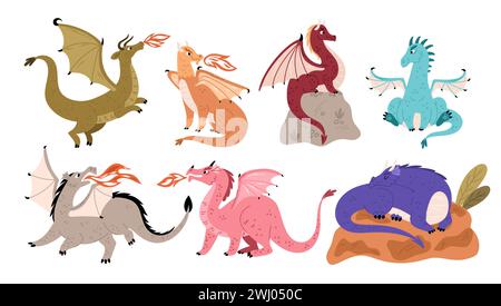 Fairy tale dragons. Magical fire breathing animals. Mythological winged creatures on stones. Fantasy flying reptiles with wings. Mythical lizards. Leg Stock Vector