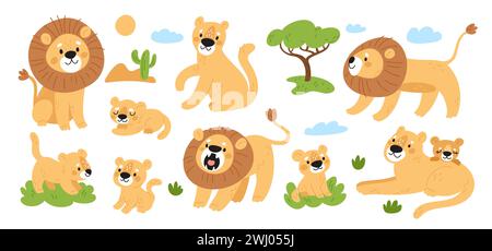 Cartoon cute lions. Funny wild animals pride. King of beasts. Lionesses with cubs. Predators of feline family. Jungle mammals. Savannah tree. Safari c Stock Vector