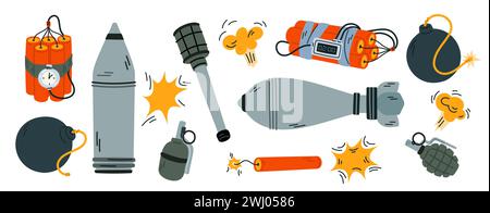 Cartoon bombs. Deadly weapons of mass destruction. Rockets and grenades. TNT detonator. Mines and dynamite timer. War attack. Military arsenal. Explos Stock Vector