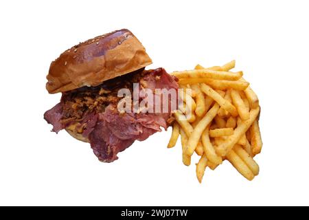 hamburger with bacon and fries, isolated on white background Stock Photo