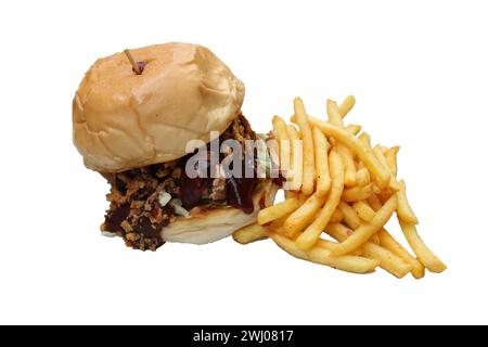 Hamburger and fries with barbecue sauce, isolated on white background Stock Photo