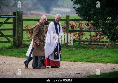 King at Sandringham, Kings Lynn, UK, 11, February, 2024  King Charles attending church at Sandringham  Photography by Jason Bye t:  +44 7966 173 930 e: mail@jasonbye.com w: http://www.jasonbye.com Stock Photo