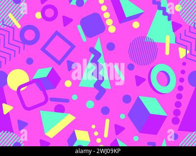 3D geometric seamless pattern in 80s style. 3d isometric triangles, zigzags and circles. Geometric memphis style. Design for promotional products, wra Stock Vector