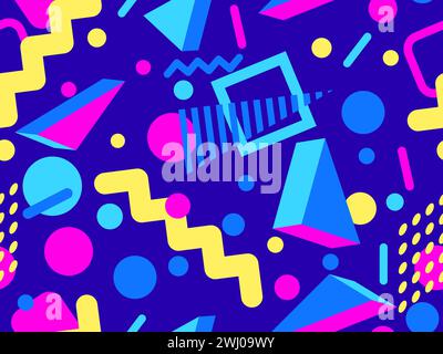 3D geometric seamless pattern in 80s style. 3d isometric triangles, zigzags and circles. Geometric memphis style. Design for promotional products, wra Stock Vector