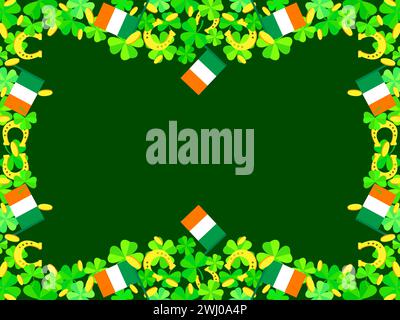 Frame for text for St. Patrick's Day with Irish flags, clover leaves, gold coins and horseshoes. Border with shamrocks, golden horseshoes, coins and I Stock Vector
