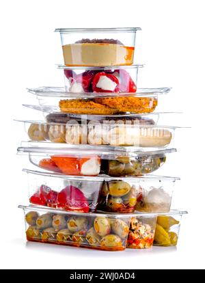 Variety of prepackaged food products in plastic boxes isolated on white background Stock Photo