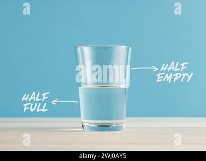 Optimism and Pessimism concept. Water glass with the words half full and half empty. Positive or negative attitudes. Stock Photo