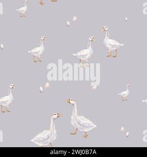 Watercolor seamless pattern with goose and quail eggs. Repiat pattern pastel color. Tender watercolor hand drawn illustration on a isolated on Stock Photo