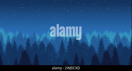 Vector Seamless Night Forest Background Illustration With The Starry Sky. Horizontally Repeatable. Stock Vector