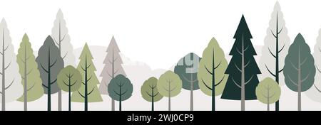 Seamless Forest With Mountains Vector Flat Illustration Isolated On A White Background. Horizontally Repeatable. Stock Vector